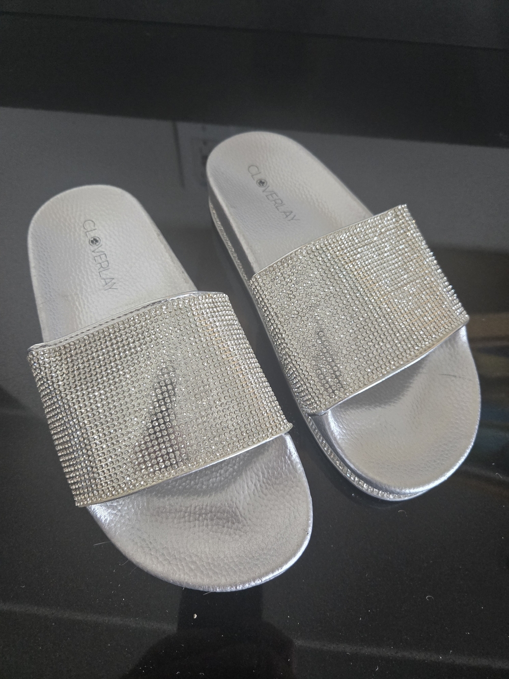 Cloverlay Silver Crystal Embellished Slide Mule